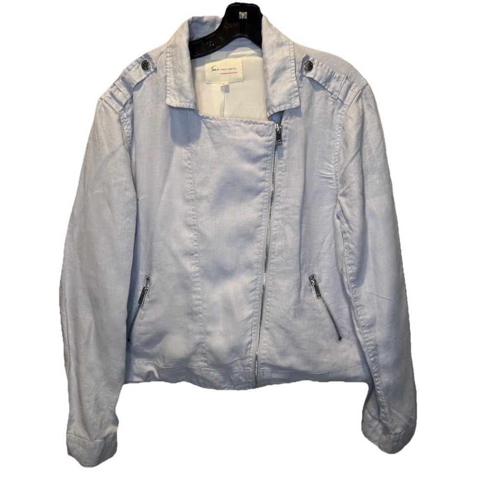 Two by Vince Camuto Blue Linen Moto Motorcycle Womens Jacket L Lightweight
